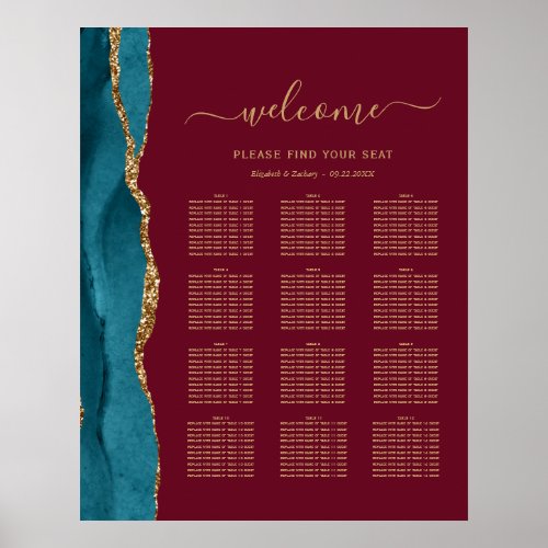 Teal Gold Agate Burgundy 12_Table Wedding Seating Poster