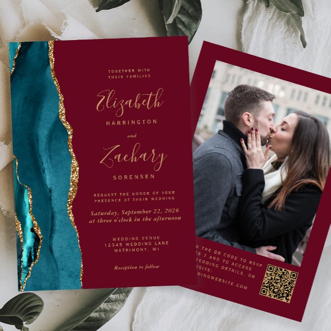 Teal Gold Agate Burgundy Photo QR Code Wedding Invitation (Creator Uploaded)