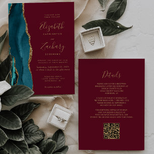 Teal Gold Agate Burgundy Red QR Code Wedding Invitation