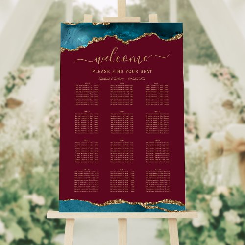 Teal Gold Agate Burgundy Vertical Wedding Seating Foam Board