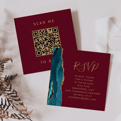 Teal Gold Agate Burgundy Wedding QR Code RSVP Enclosure Card