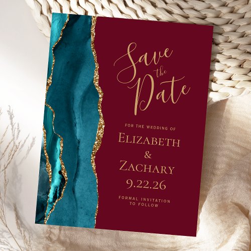 Teal Gold Agate Burgundy Wedding Save the Date Announcement Postcard