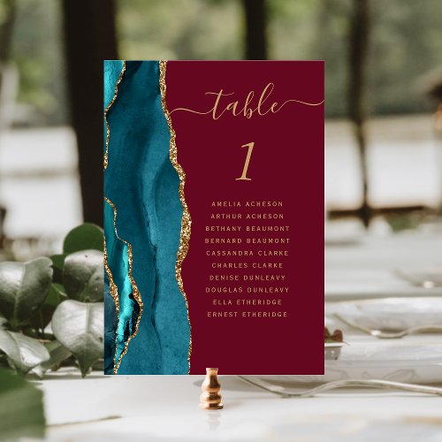 Teal Gold Agate Burgundy Wedding Table Number