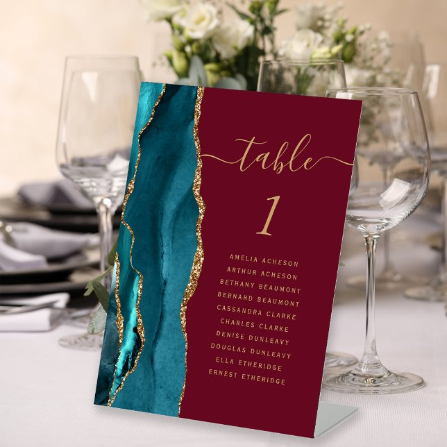 Teal Gold Agate Burgundy Wedding Table Number Pedestal Sign (Creator Uploaded)