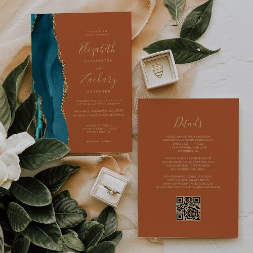 Teal Gold Agate Burnt Orange Rust QR Code Wedding Invitation