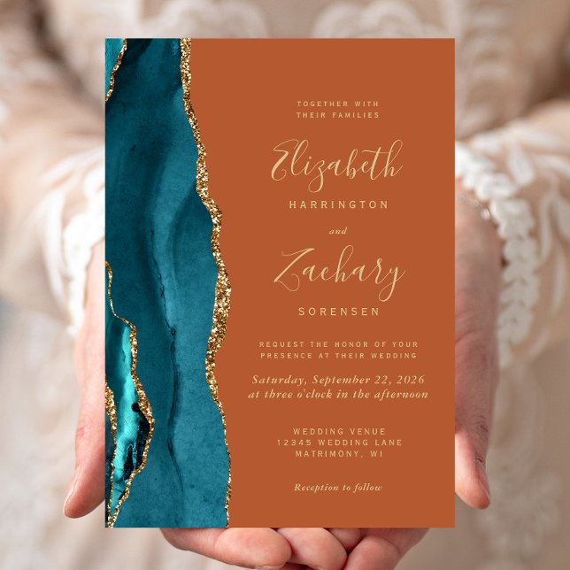 Teal Gold Agate Burnt Orange Rust Wedding Invitation (Creator Uploaded)