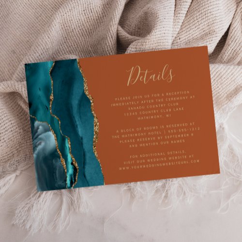 Teal Gold Agate Burnt Orange Wedding Details Enclosure Card