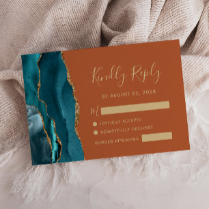 Teal Gold Agate Burnt Orange Wedding RSVP Card
