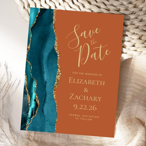 Teal Gold Agate Burnt Orange Wedding Save the Date Announcement Postcard
