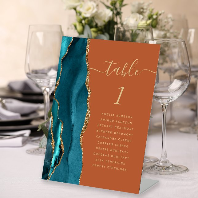 Teal Gold Agate Burnt Orange Wedding Table Number Pedestal Sign (Creator Uploaded)