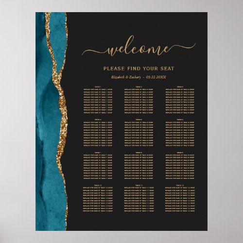 Teal Gold Agate Dark 12_Table Wedding Seating Poster