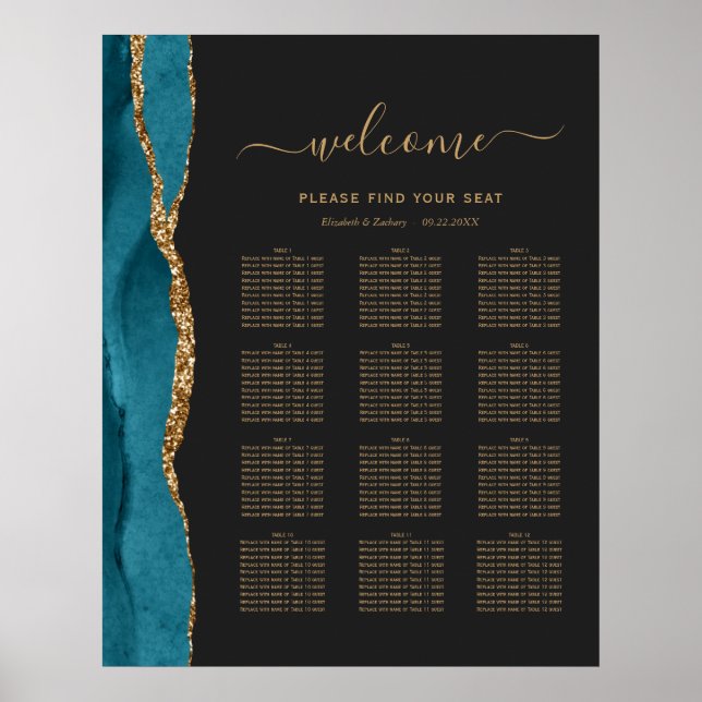 Teal Gold Agate Dark 12-Table Wedding Seating Poster (Front)