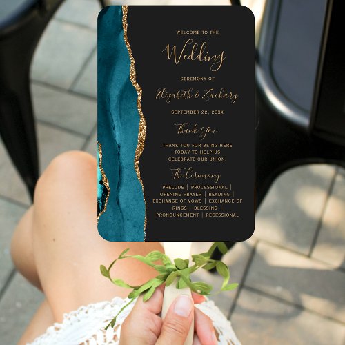 Teal Gold Agate Dark Wedding Program Hand Fan