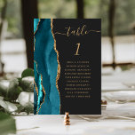 Teal Gold Agate Dark Wedding Table Number<br><div class="desc">The left-hand edge of this elegant modern wedding table number card features a teal watercolor agate border trimmed with faux gold glitter. The word "table" appears in gold-colored handwriting script on an off-black background. Add the names of your guests who are assigned to each table.</div>