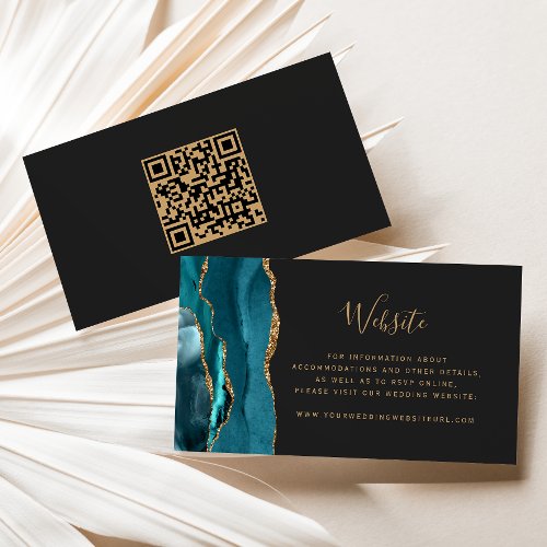 Teal Gold Agate Dark Wedding Website QR Code Enclosure Card