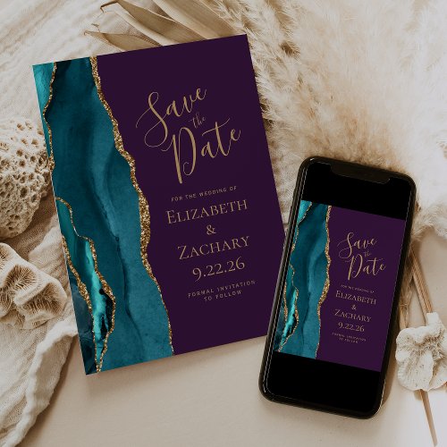 Teal Gold Agate Deep Purple Wedding Save the Date Announcement