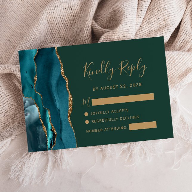 Teal Gold Agate Emerald Green Wedding RSVP Card (Creator Uploaded)