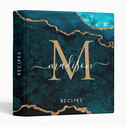 Teal Gold Agate Geode Script Name Glam Recipe 3 Ring Binder