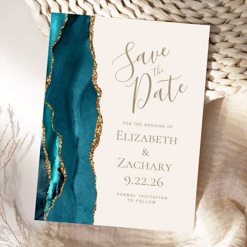 Teal Gold Agate Ivory Wedding Save the Date Announcement Postcard