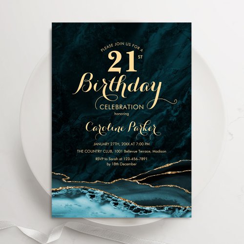 Teal Gold Agate Marble 21st Birthday Invitation