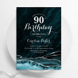 Teal Gold Agate Marble 90th Birthday Invitation<br><div class="desc">Teal and silver agate 90th birthday party invitation. Elegant modern design featuring teal blue turquoise watercolor agate marble geode background,  faux glitter silver and typography script font. Trendy invite card perfect for a stylish women's bday celebration. Printed Zazzle invitations or instant download digital printable template.</div>