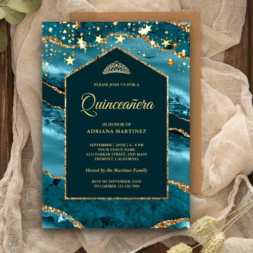 Teal Gold Agate Marble Arch Quinceanera Invitation