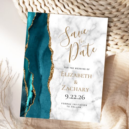 Teal Gold Agate Marble Save the Date Announcement Postcard