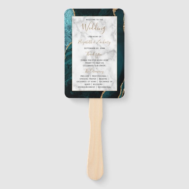 Teal Gold Agate Marble Wedding Program Hand Fan (Front)