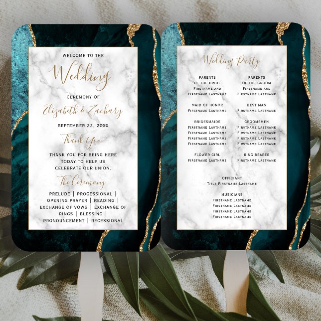 Teal Gold Agate Marble Wedding Program Hand Fan (Creator Uploaded)