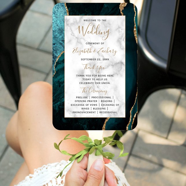Teal Gold Agate Marble Wedding Program Hand Fan (Creator Uploaded)