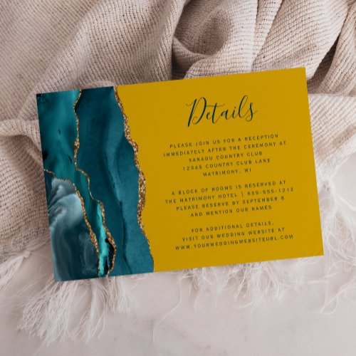 Teal Gold Agate Mustard Yellow Wedding Details Enclosure Card