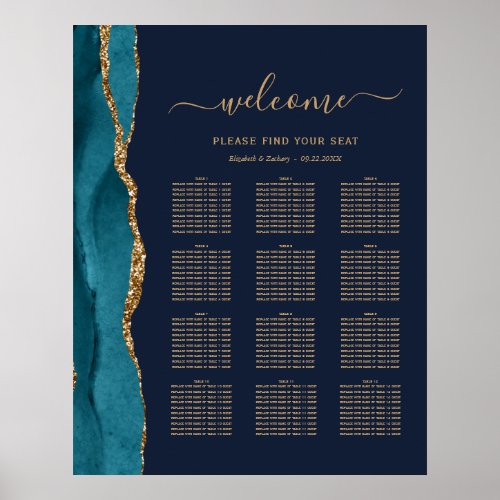 Teal Gold Agate Navy Blue 12_Table Wedding Seating Poster