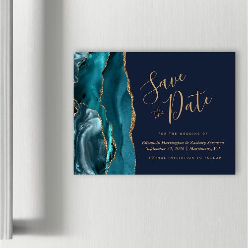 Teal Gold Agate Navy Blue Magnetic Save the Date