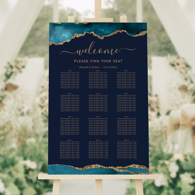 Teal Gold Agate Navy Blue Vertical Wedding Seating Foam Board (Creator Uploaded)