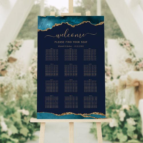 Teal Gold Agate Navy Blue Vertical Wedding Seating Foam Board