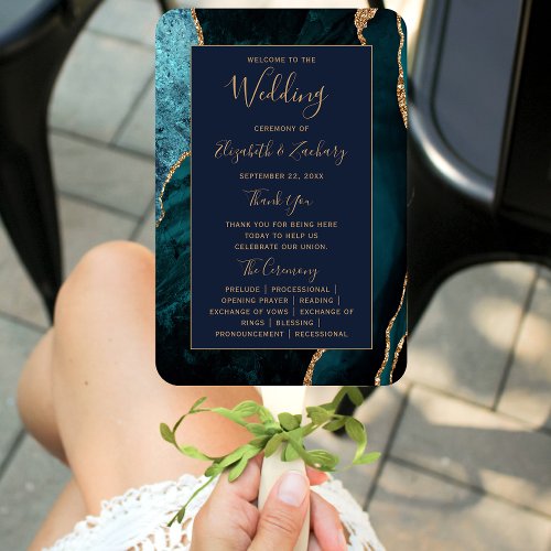 Teal Gold Agate Navy Blue Wedding Program Hand Fan