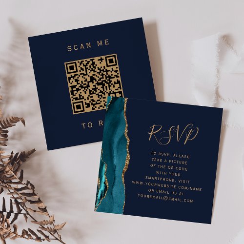 Teal Gold Agate Navy Blue Wedding QR Code RSVP Enclosure Card