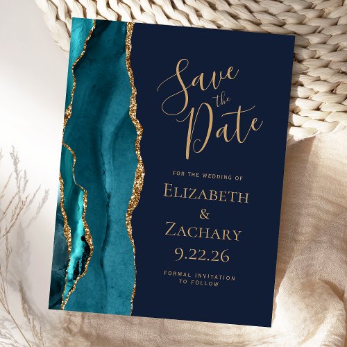 Teal Gold Agate Navy Blue Wedding Save the Date Announcement Postcard