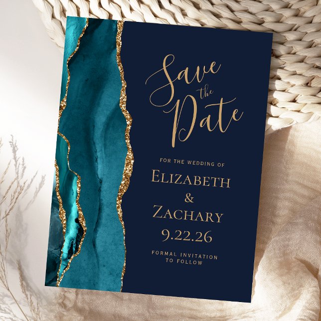 Teal Gold Agate Navy Blue Wedding Save the Date Announcement Postcard (Creator Uploaded)