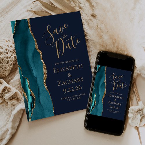 Teal Gold Agate Navy Blue Wedding Save the Date Invitation