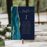 Teal Gold Agate Navy Blue Wedding Table Number<br><div class="desc">The left-hand edge of this elegant modern wedding table number card features a teal watercolor agate border trimmed with faux gold glitter. The word "table" appears in gold-colored handwriting script on a navy blue background. Add the names of your guests who are assigned to each table.</div>
