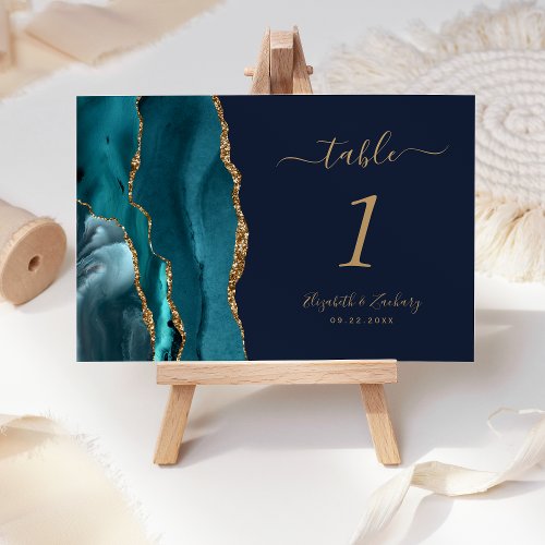 Teal Gold Agate Navy Blue Wedding Table Number