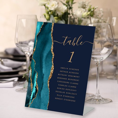 Teal Gold Agate Navy Blue Wedding Table Number Pedestal Sign