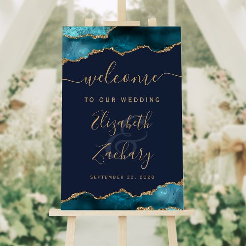 Teal Gold Agate Navy Blue Wedding Welcome Foam Board