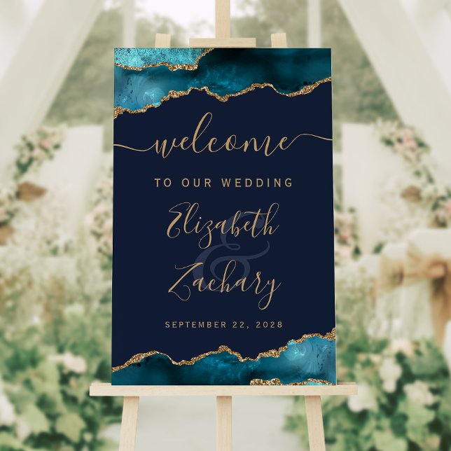 Teal Gold Agate Navy Blue Wedding Welcome Foam Board (Creator Uploaded)