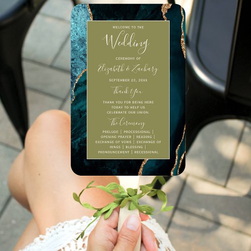 Teal Gold Agate Olive Green Wedding Program Hand Fan