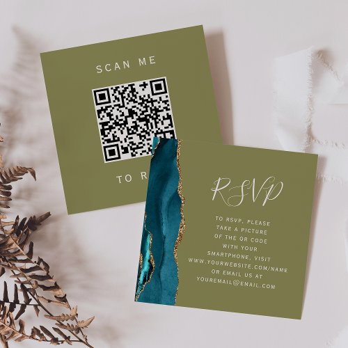 Teal Gold Agate Olive Green Wedding QR Code RSVP Enclosure Card