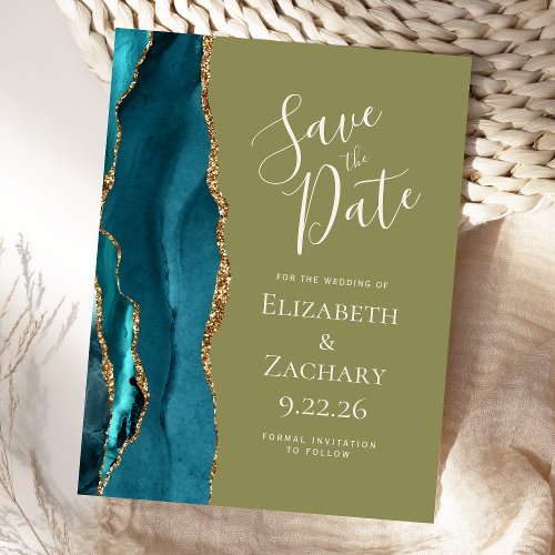 Teal Gold Agate Olive Green Wedding Save the Date Announcement Postcard