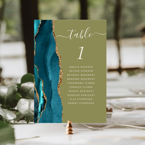 Teal Gold Agate Olive Green Wedding Table Number