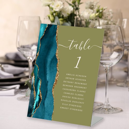 Teal Gold Agate Olive Green Wedding Table Number Pedestal Sign